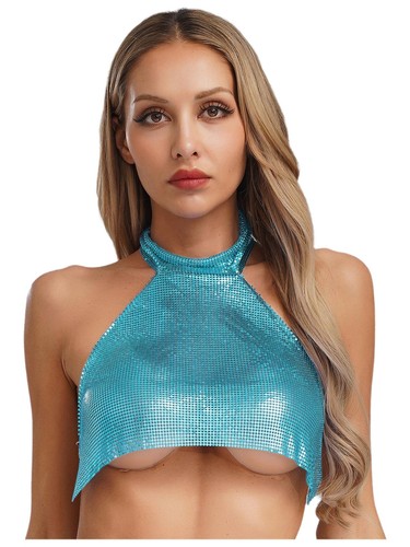 Women Crop Tops Shirts Tank Top Mesh Chemise Beaded Dance Sleeveless Night Club - Picture 50 of 93