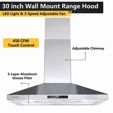 30in Wall Mounted Hood Vents 450CFM Stainless Steel Kitchen Exhaust Fan LED New