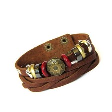 Rustic Boho style Genuine Brown Leather Bracelet with Antiqued Flower Pendant