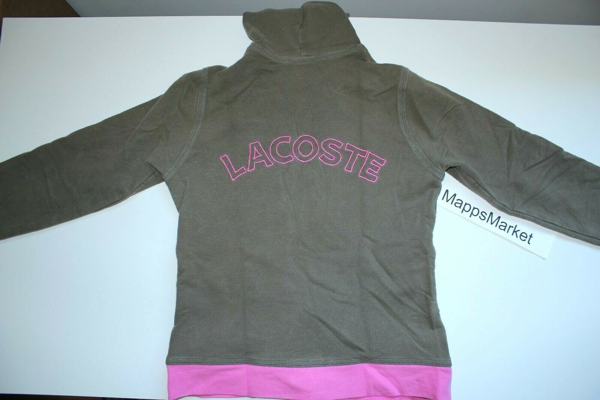 Vintage LACOSTE Women's Logo Zip Hoodie in Olive/Pink Size 38