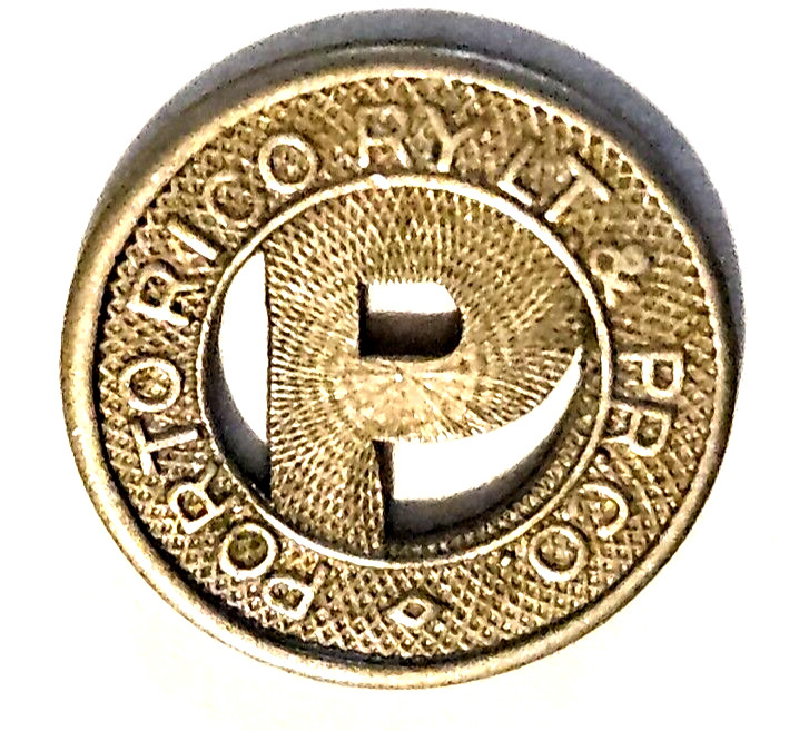 Ficha PASAJERO Adult Fare PUERTO RICO Tren TROLLEY 1926 P transit token moneda