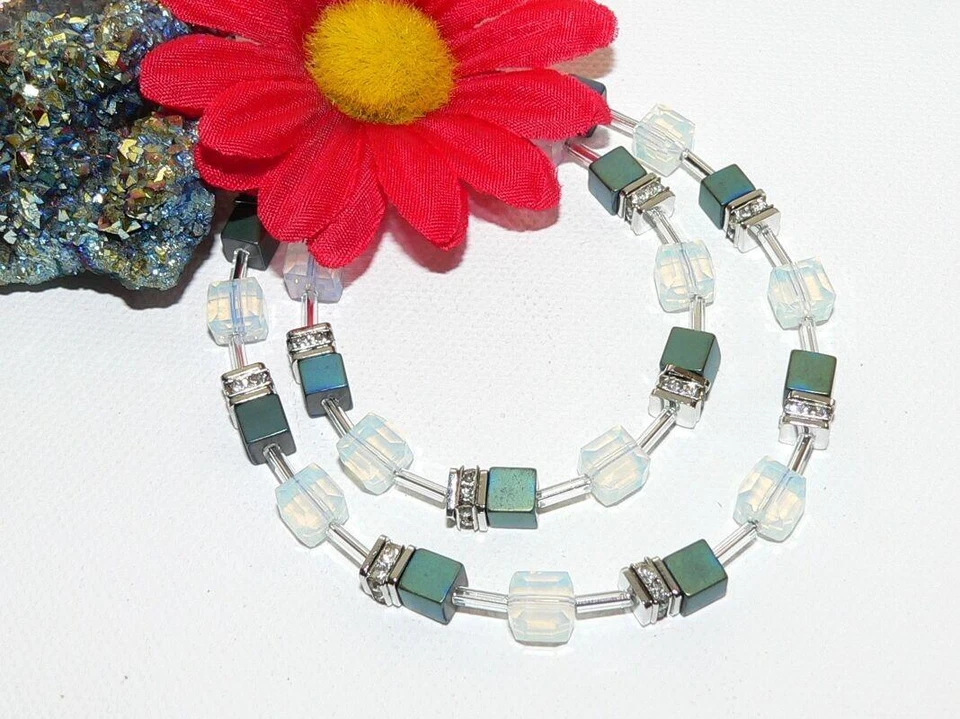 Halskette Würfelkette Würfel Cube Hämatit Petrol blau Opalith Glas Strass 064c - Bild 2 von 4