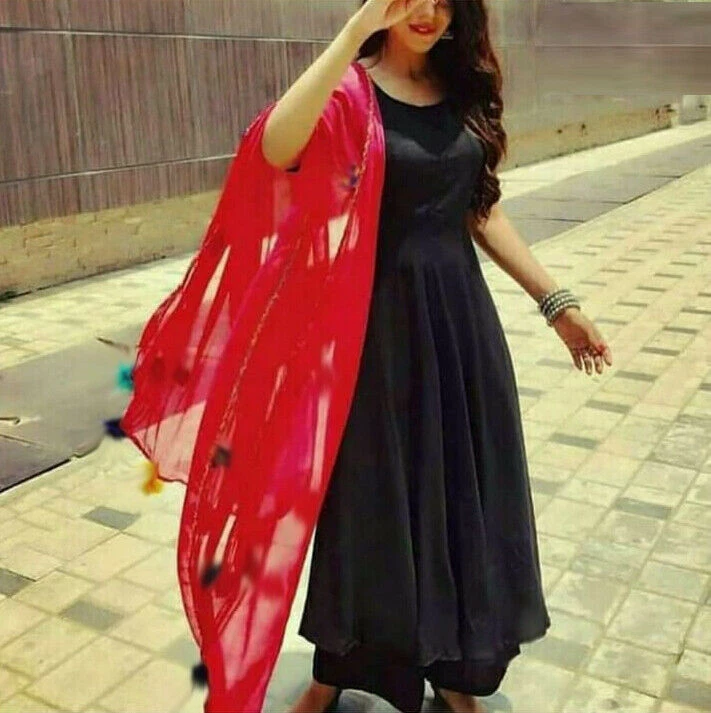 Beautiful Black Rayon Kurta Plazo Salwar Kameez Contrast Red Dupatta Suit  Kurtis | eBay