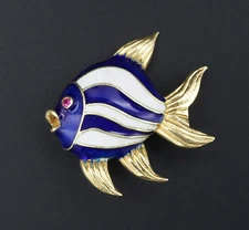 Kurt Gutmann 18k Fish Pin Brooch Blue Enamel Yellow Gold Ruby 1.25" KG OG274