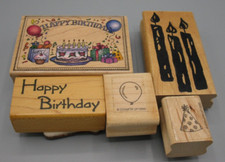 Lot of 5 Wood Mounted Rubber Stamps Happy Birthday Balloons Candles Hat EUC