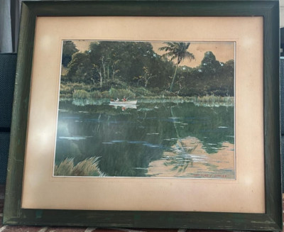 Theodore E Zeidler Old Florida Landscape Scene Couple Fishing from Boat Painting