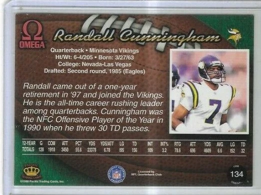 1998 Pacific Omega Football #134 Randall Cunningham Minnesota Vikings - Image 2 of 2