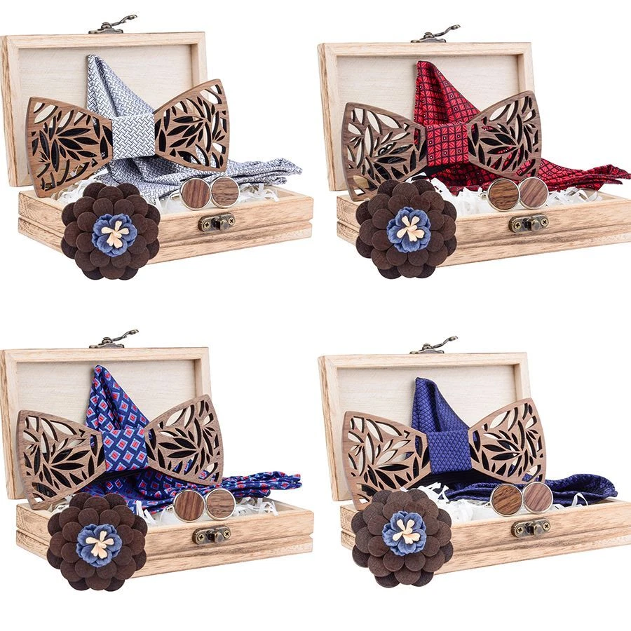 Pajarita de madera Branduce Paisley - Juego cuadrado de bolsillo ajustable para hombres boda pajaritas Foto 2 de 4