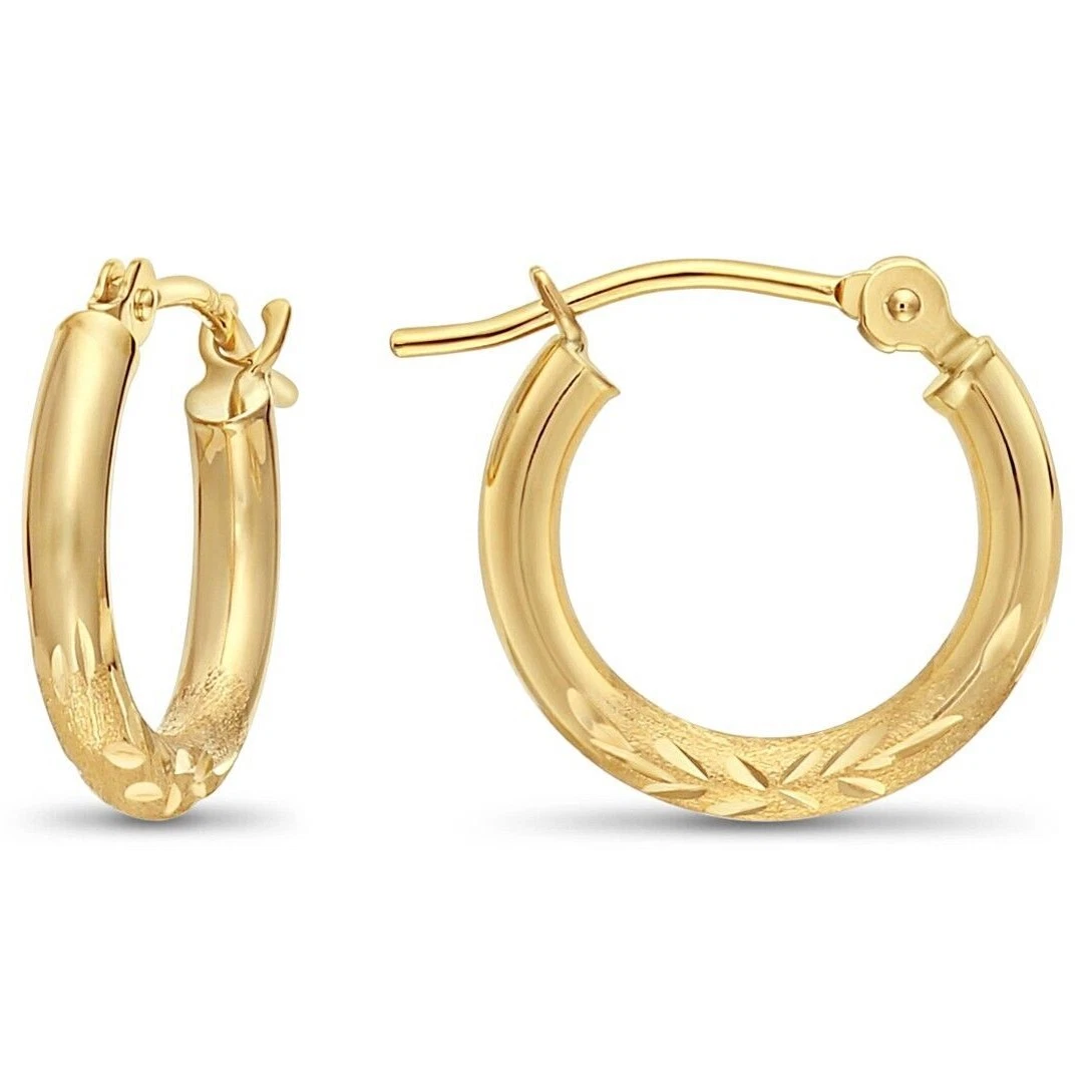 14K Real Solid Gold Hand Engraved Floral Diamond Cut Small Hoop