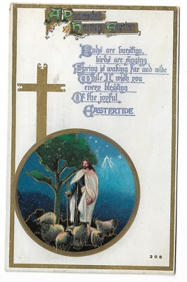 ANTIQUE Postcard A Peaceful Happy Easter Gold Cross Highlights 1912