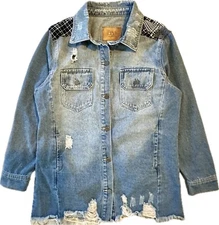 Buckle BBJ Womens Denim Oversized Shacket Distressed Hem Plaid Blue JK25344Z