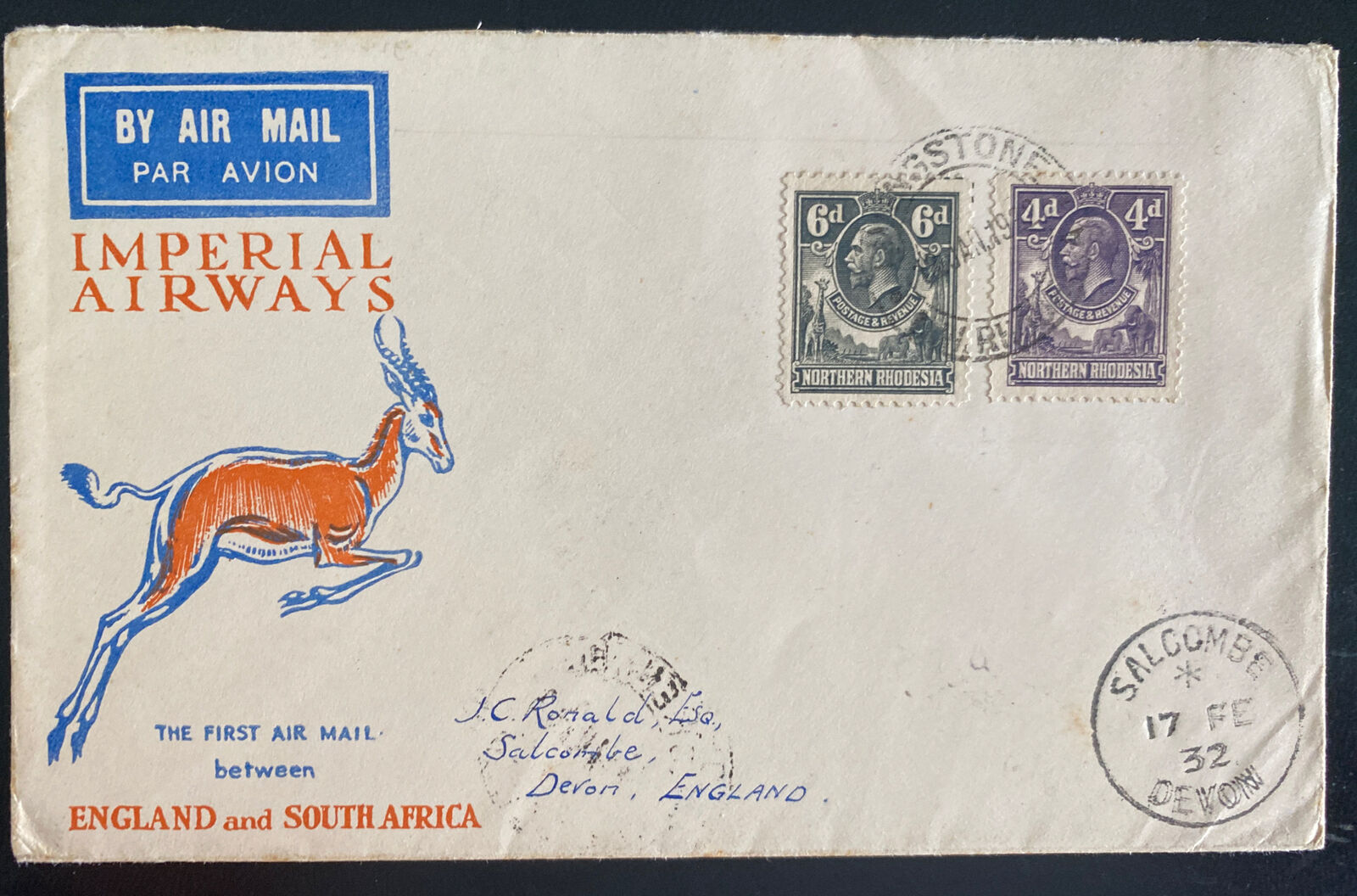 1932 Livingstone Northern Rhodesia First Flight Airmail Cover To