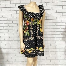 Farm Rio Tropical Fruit Polka Dot Ruffle Mini Dress Black Yellow Green | Size M