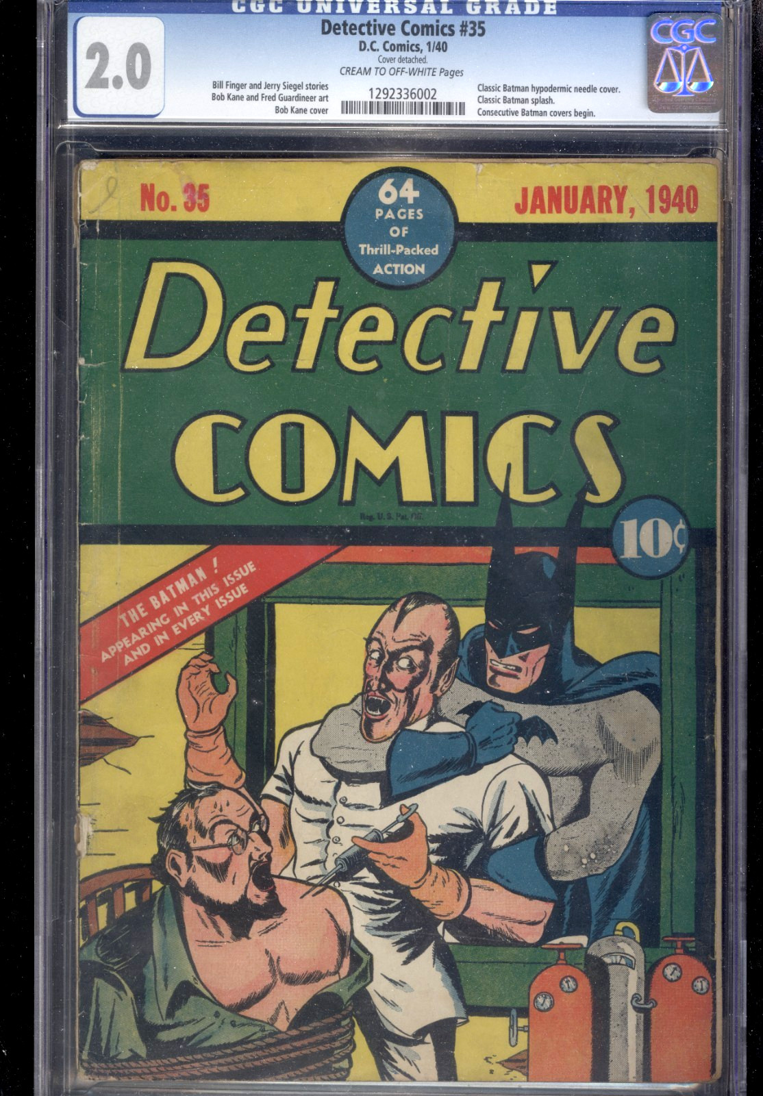 Detective Comics #35 CGC 2.0 Universal Label Classic Batman Hypodermic Cover 