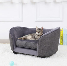 Pet Sofa Bed, Velvet  Linen Fabric Dog Couch with Washable Cushion for Small Do