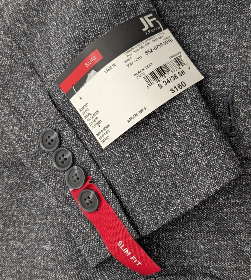 Abrigo deportivo ajustado para hombre JF Ferrar traje chaqueta talla 34/36 corto negro texto $160 Foto 3 de 4