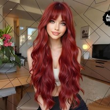 Red Wig w/Bangs Ombre Burgundy Red Color Wet/Wavy Long Loose Curly cosplay/k-pop