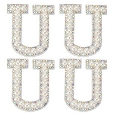 4 Pcs Letter Patches with White Pearls and Rhinestones, for U, Applicable Iron