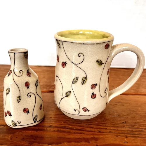 vtg hand turned studio Art pottery Coffee Mug & Matching Vessel Ladybug Signed