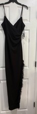Windsor Black Feather Trim Maxi Dress NWT Size M Side Slit Formal Evening