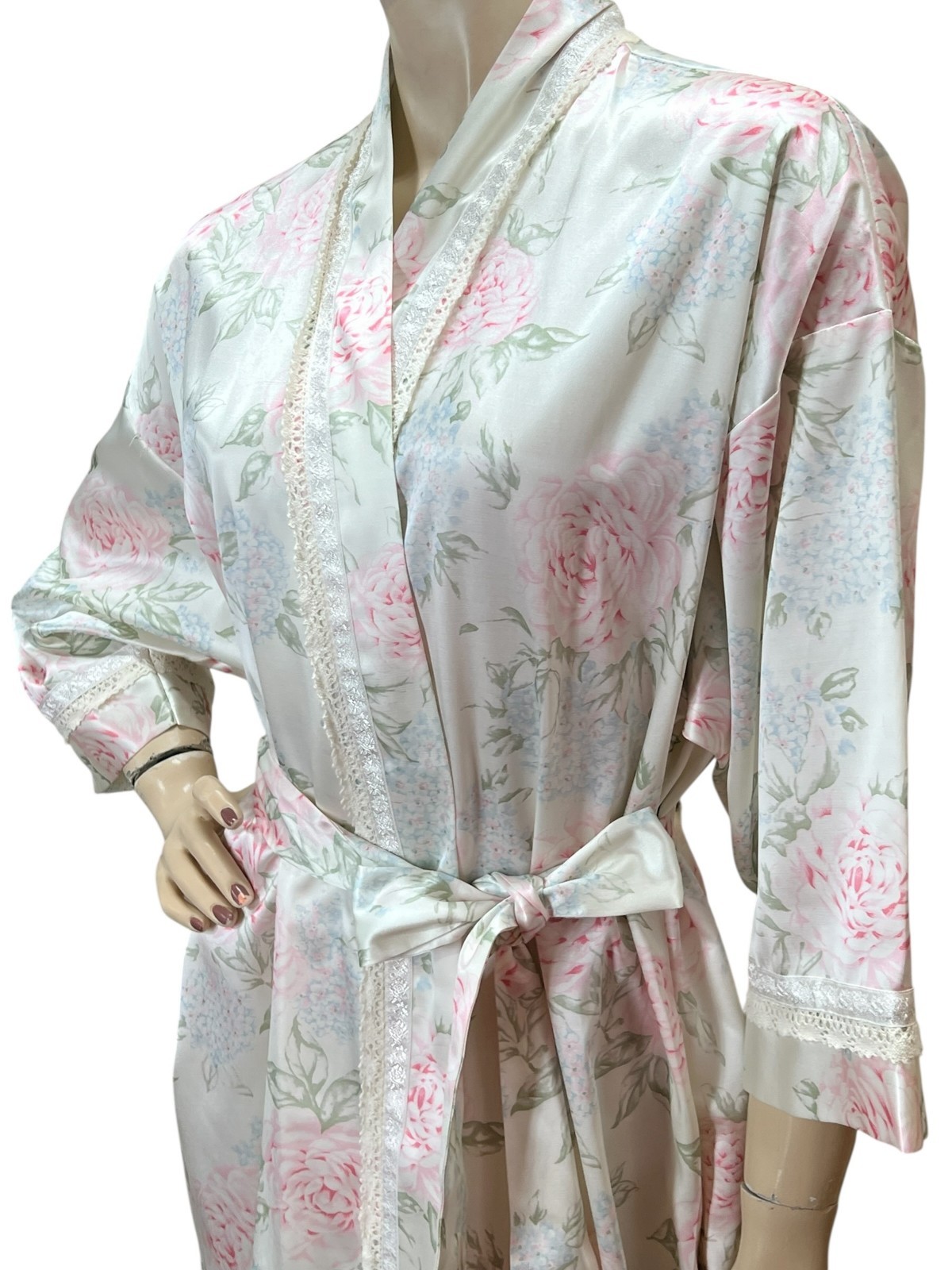 Sz S Vtg CHRISTIAN DIOR Wrap Robe Tie Belt Pockets Cream Pink Blue Floral thumbnail 13