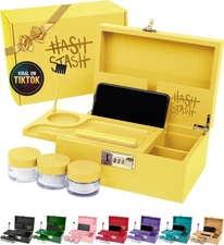 Airtight Tube and 3 Jars - Discreet Decorative Locking Wooden Box with Acce