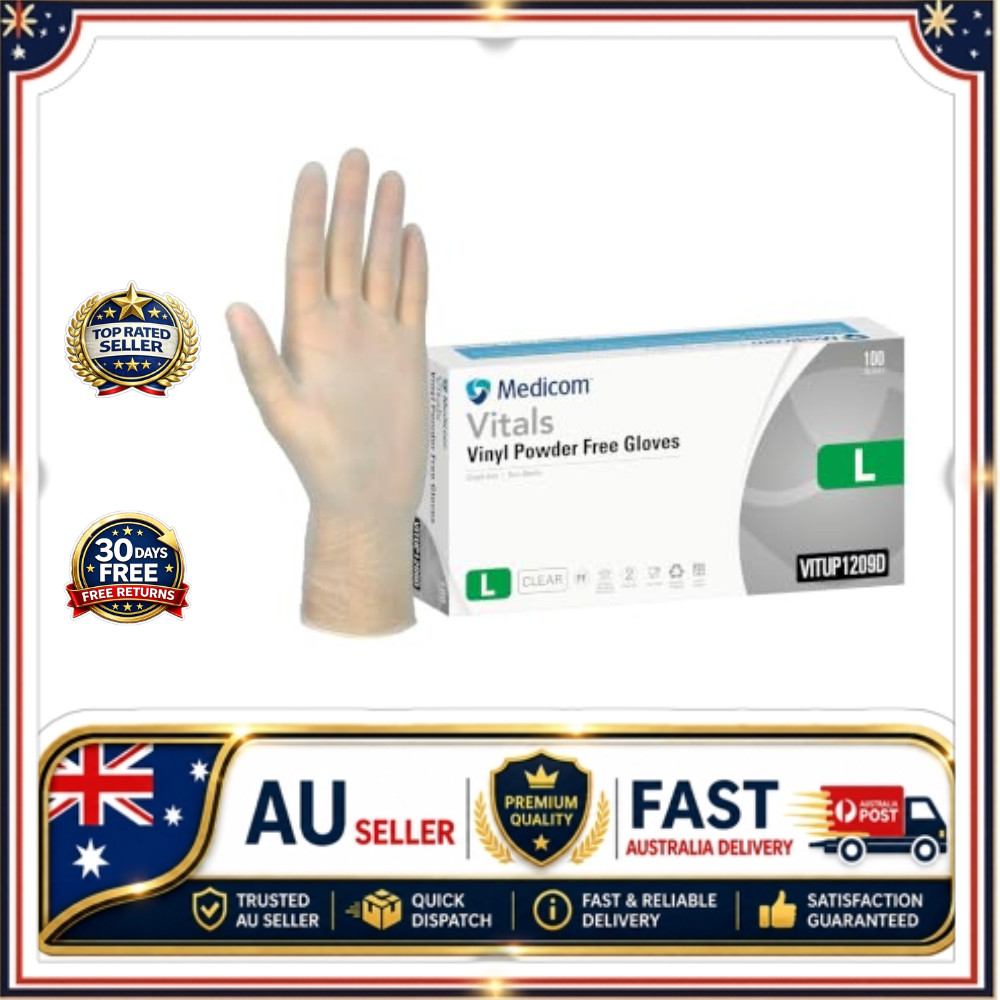 Medicom Vitals Vinyl Disposable Gloves Powder Free Clear Large 100 Pack