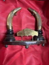 1969 Vintage Brass & Horns Miniature Gong, Wooden Lacquer Stand & Striker Trophy