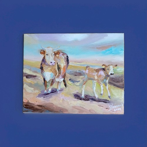 Landkühe in Öl auf Xl Leinwand Bernhard Gerner 24 x 30 cm Original Braun Weiß - Bild 2 von 13