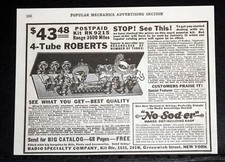 1926 OLD MAGAZINE PRINT AD, RADIO SPECIALITY CO, ROBERTS 4-TUBE "NO-SOD-ER" KIT!