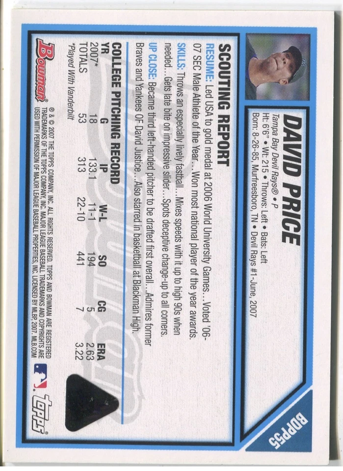 David Price 2007 Bowman Draft Yellow printing plate 1/1 Rookie RC WS MVP!? - Image 2 of 2