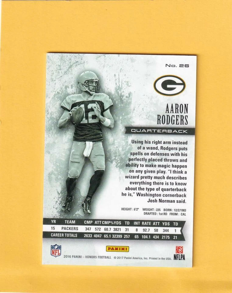 2016 Panini Honors Gold #26 Aaron Rodgers Green Bay Packers NM-MT+ 11/15 - Image 2 of 2
