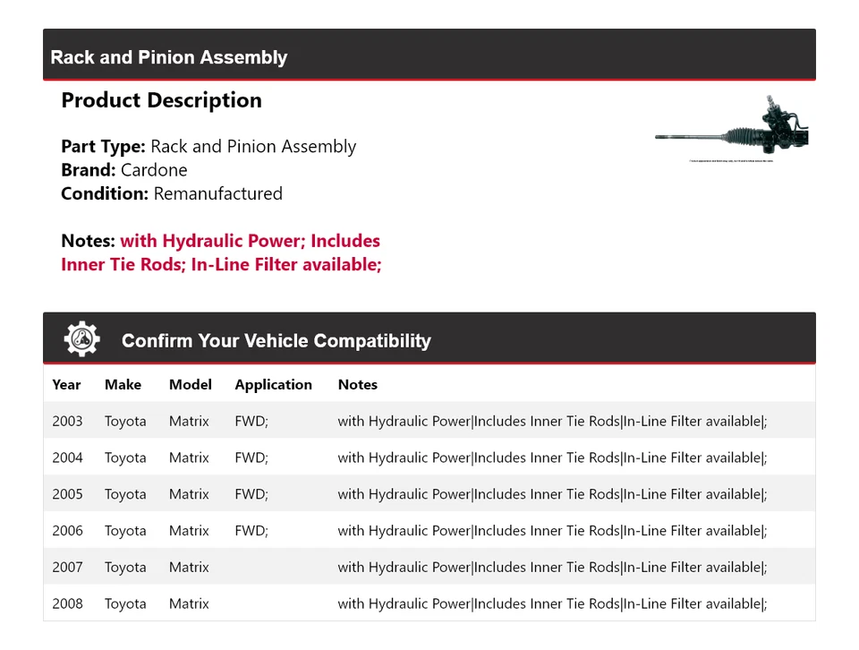 Montaje de piñón y cremallera Toyota Matrix 2003-2008 Cardone 2004 2005 2006 2007 Foto 2 de 3