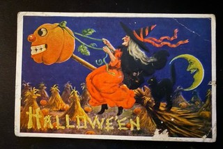 Antique 1908 Halloween Postcard Witch On Broom JOL Pumpkin Cat AS IS s119