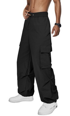 Men s Black Parachute Cargo Pants XXL Techwear Wide Leg Y2K