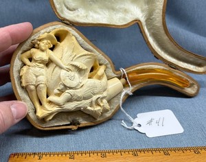 Vintage meerschaum pipe with carvings of two bathing beauties (#41)