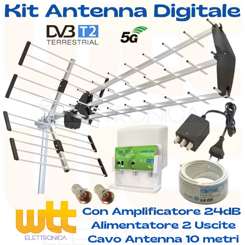 Kit Antenna TV da Esterno Completa + Amplificatore e Alimentatore