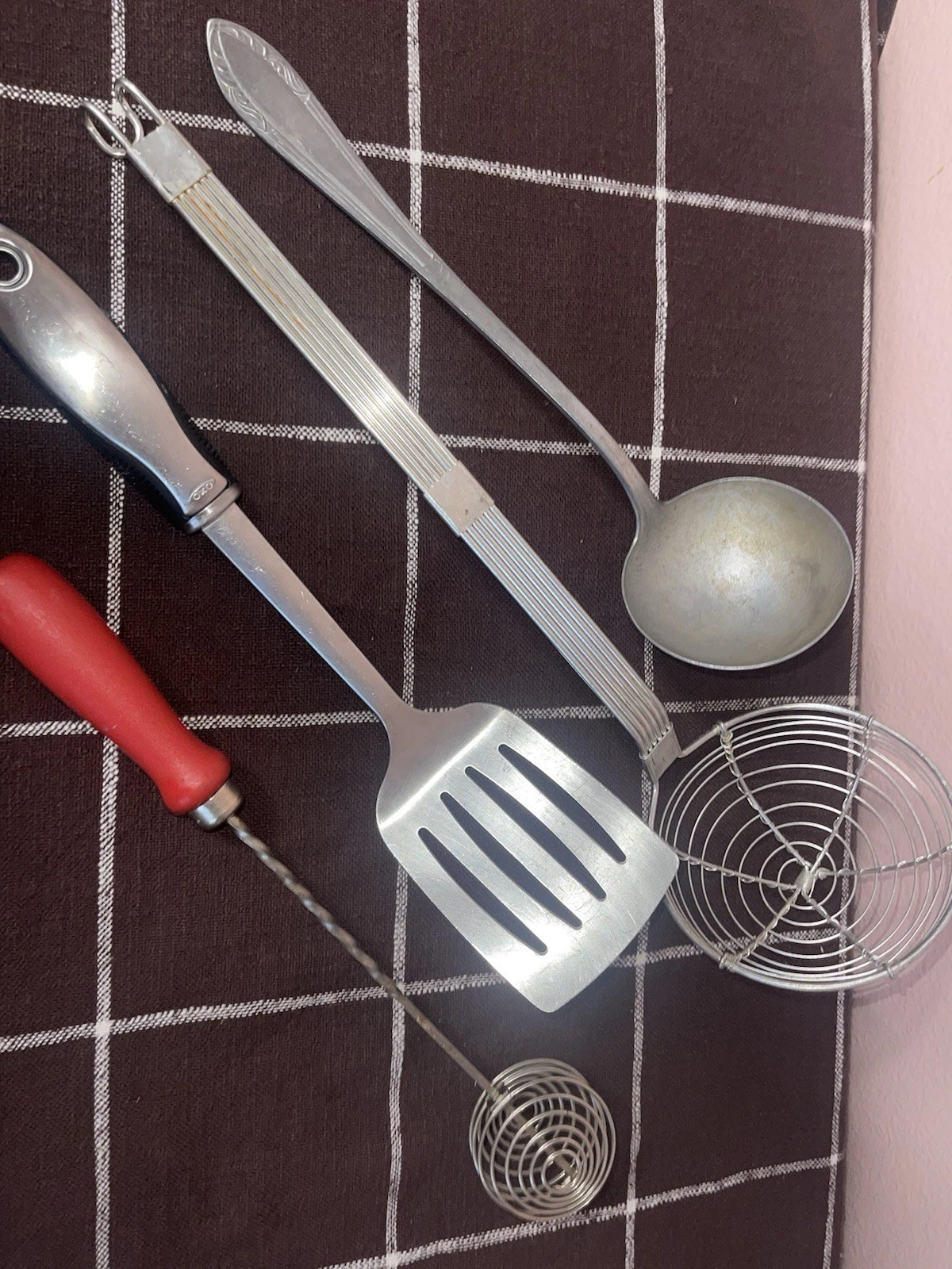 Vintage Lot 4-Piece Kitchen Utensil Set - Spatula, Ladle, Skimmer, Spiral Whisk
