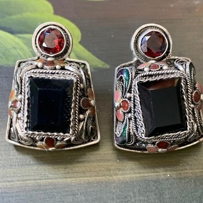 Barbara Garwood Sterling Silber Ohrringe Onyx Granat filigran Emaille mongolisch S