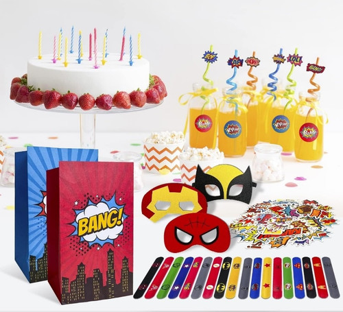 113pcs Party Favor Superhero Felt Masks Cosplay Candy Bags Slap Bracelets Sti... - Picture 2 of 7
