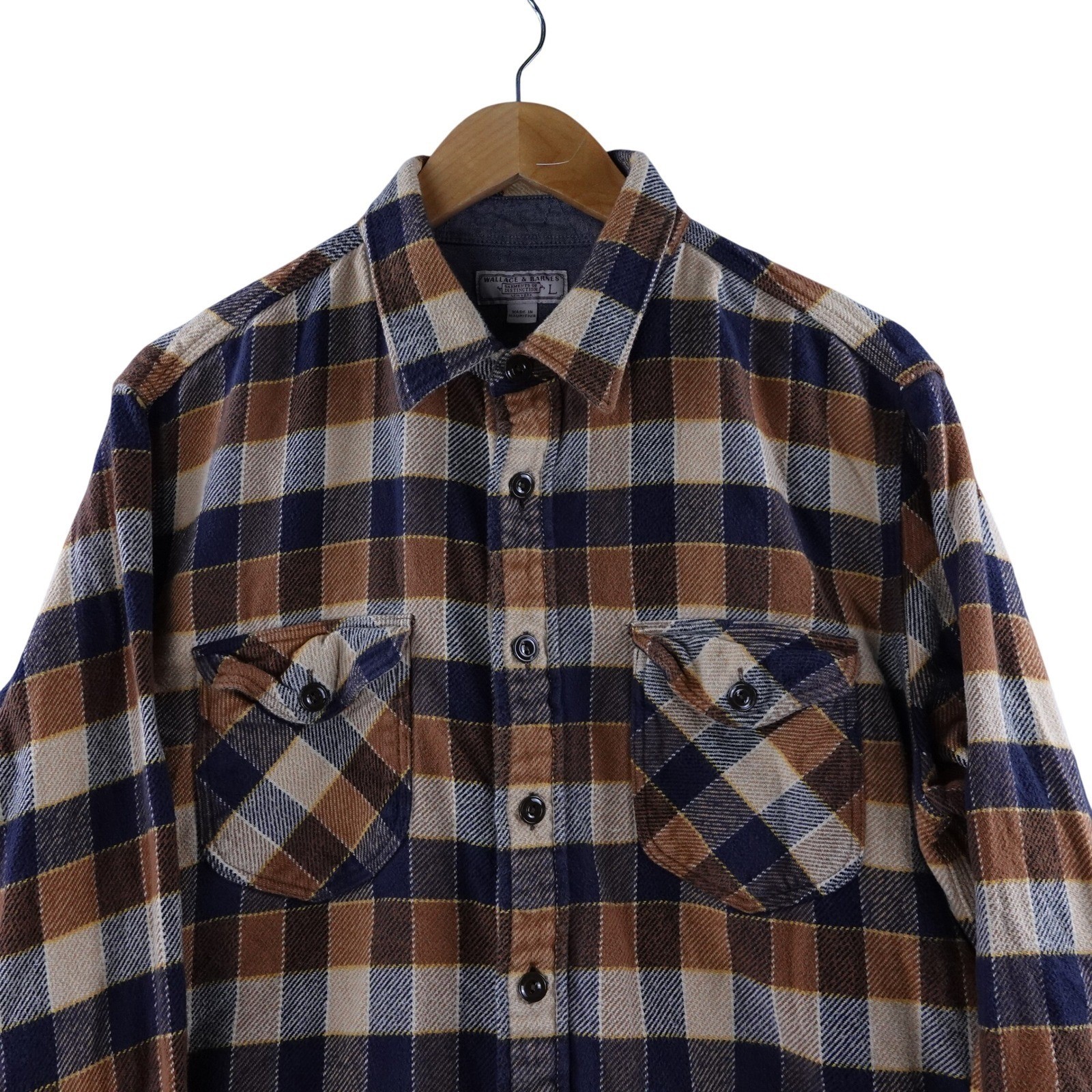 Wallace & Barnes J Crew Mens Large Plaid Flannel Button Down Shirt Brown Navy