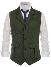 PJ PAUL JONES Mens Western Herringbone Suit Vest Tweed Wool Blend Slim Fit Wa...