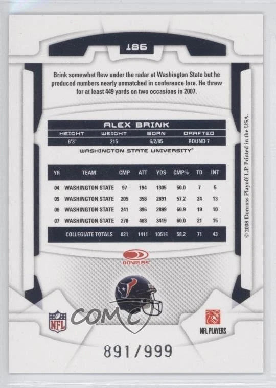 2008 Leaf Rookies & Stars Longevity Rookie /999 Alex Brink #186 RC - Image 2 of 2