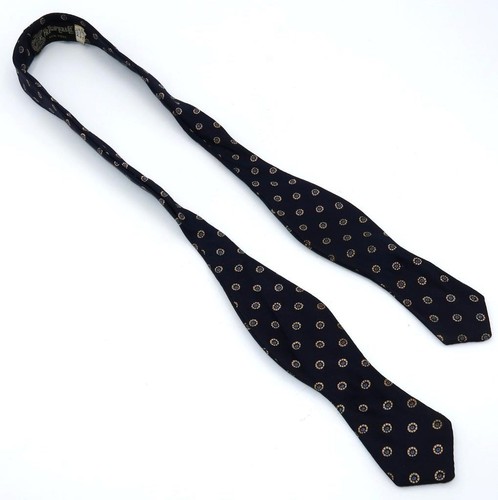 F. R. Tripler & Co. Silk Bow Tie, Beige & Blue Flowers on Navy Blue, 34"