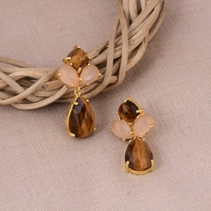 Authentic Double Birthstone Earrings Gold Plated Tiger Eye & Chalcedony Healing Jewelry