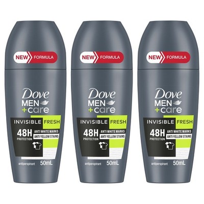 3 Pack Dove Men Invisible Fresh 48 Hour Antiperspirant Roll On 50 ml Travel Size