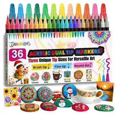 36 Farben Dual Tip Acrylfarbe Marker, 1 Stück (36er Pack), Mehrfarbig 