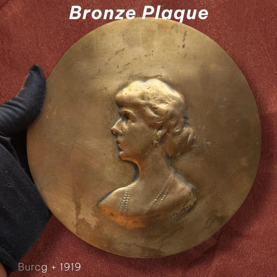 Antique Plaque Bronze Portrait Head Bas-Relief Burcg Art Decor Women Sculpture - Image 2 of 4