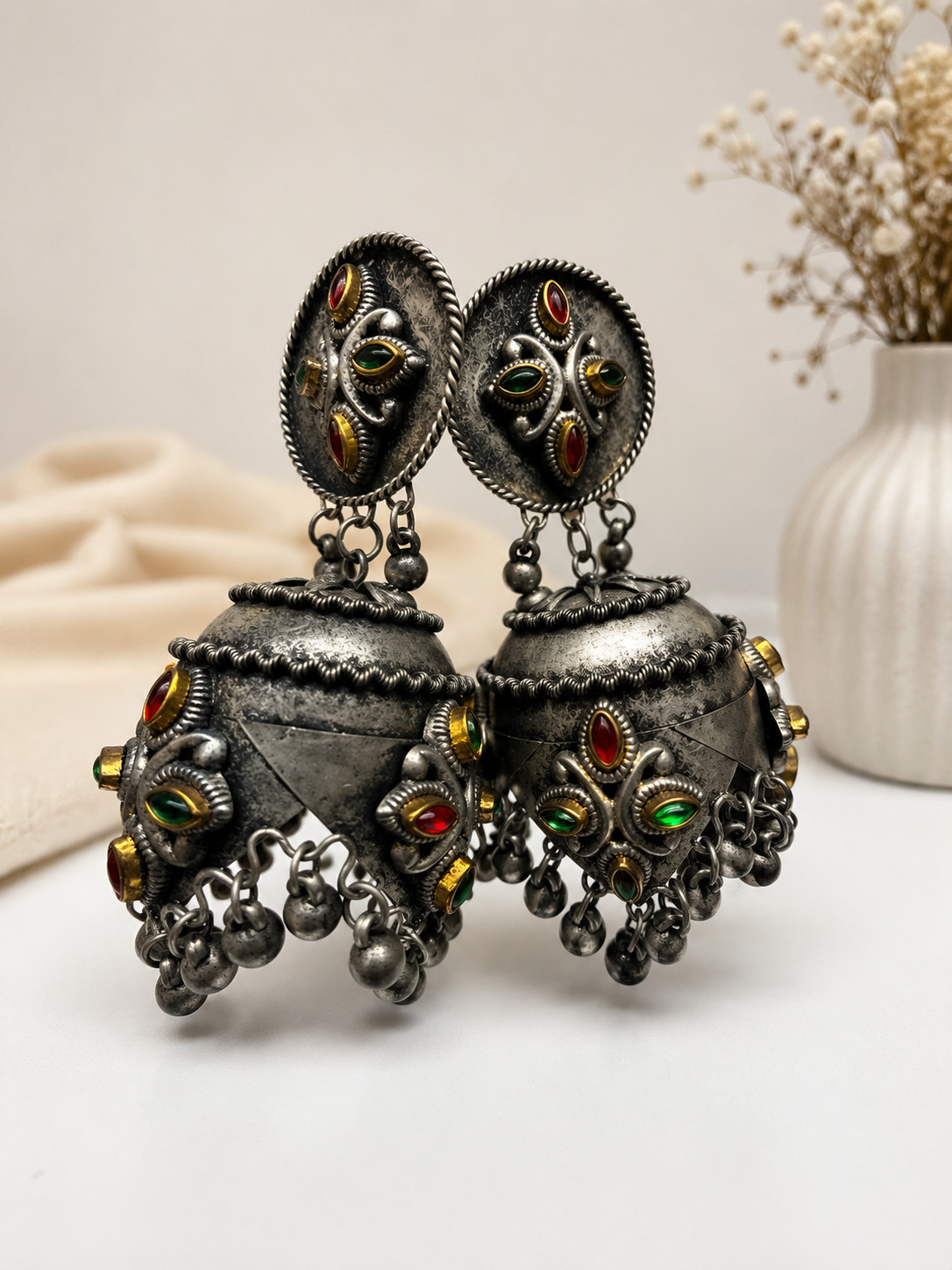 Oxidized Silver Jhumka Earrings Red Green Stone Tribal Boho Jewelry
