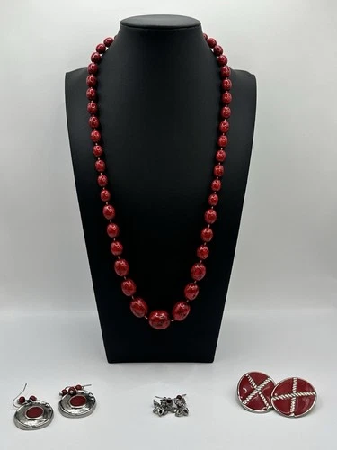 Vintage Costume Jewelry 1 Necklace and 3 Earrings Lot Reds and wearable